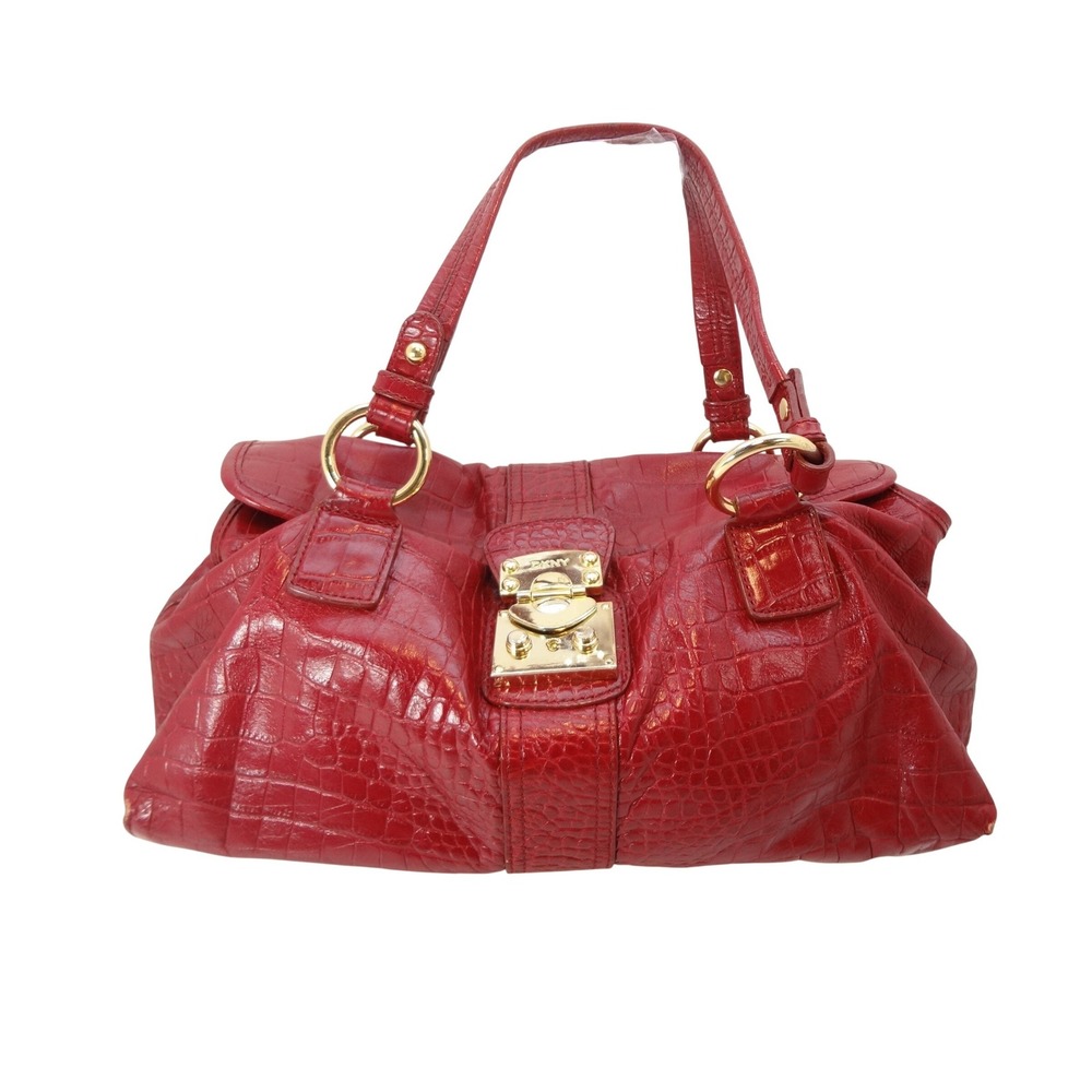 DKNY Satchel Handbag Red Good Croc Embossed Leather Gold Hardware
